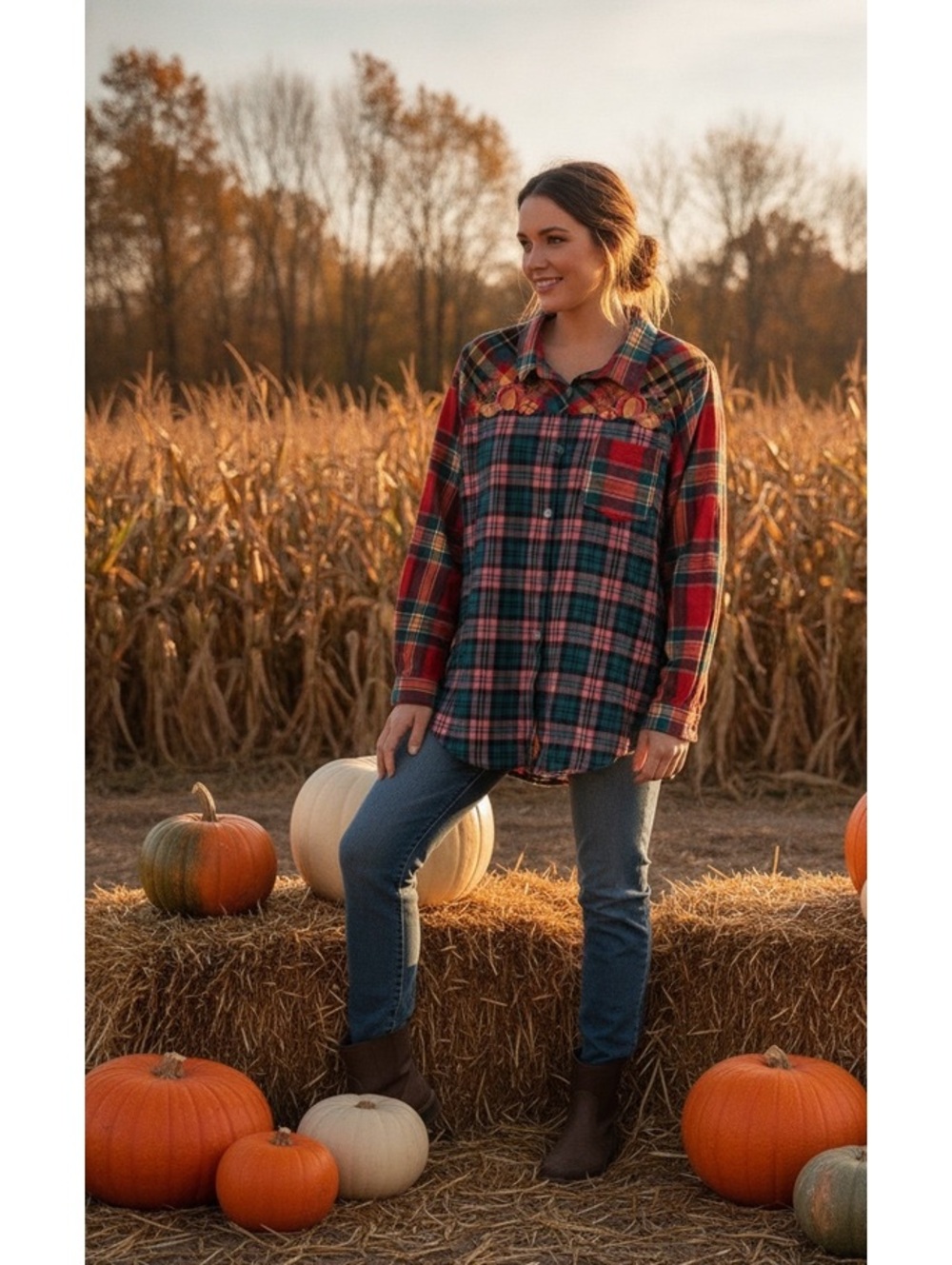 Blair Vintage Plaid Button-Up Shirt with Autumn Embroidery